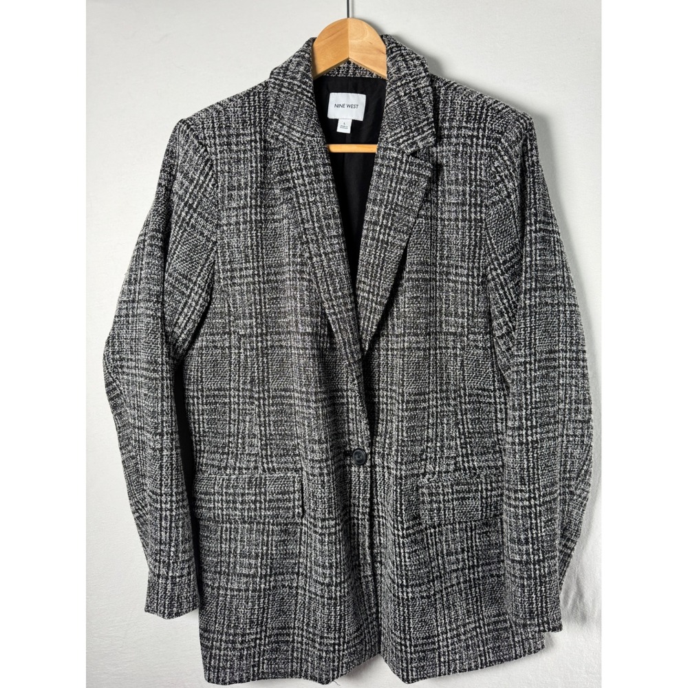 Plaid Nine West Blazer Women L Black White Excellent